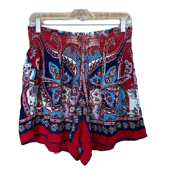 Bila Boho Paisley Floral Red Blue Smocked High Waist Flowy Festival Shorts Large - Picture 4 of 7